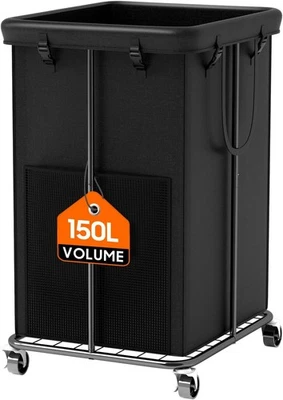 150L Wheeled Laundry Basket w/Removable Bag & Metal Frame (Black) - Image 1 of 4