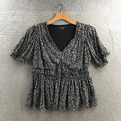Blusa Top Para Mujer Ava & Viv Manga Abullonada 1X Negra Floral Cuello en V Foto 1 de 4
