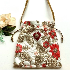 Potli Bag Boho Embroidered Clutch Drawstring Pouch Bridal Party Embroidery Bag - Picture 1 of 6