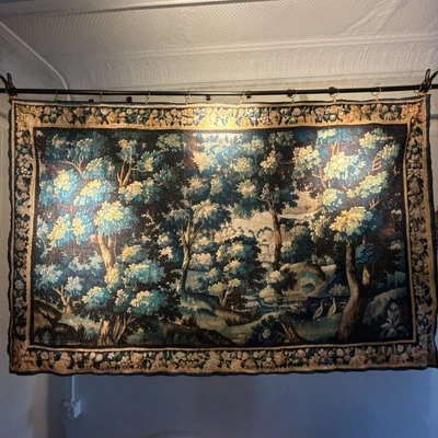 Reproducción de tapiz de algodón y lino inyectado tinte estilo antiguo Aubusson Verdure Foto 1 de 4