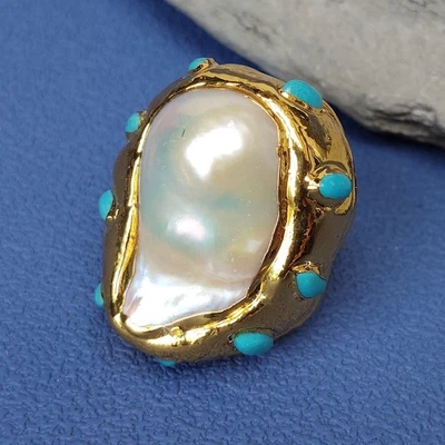 Anel de coquetel de festa joias azul turquesa pérola barroca de água doce real - Imagem 1 de 4