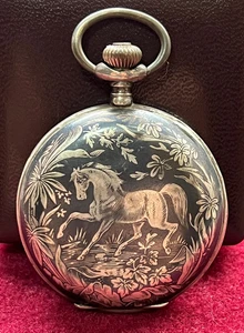 19th Remontoir Cylindre 10 Rubis Silver Niello Double Hunter Pocket Watch Horse - Picture 1 of 13