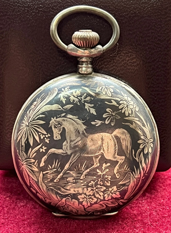 19th Remontoir Cylindre 10 Rubis Silver Niello Double Hunter Pocket Watch Horse - Image 1 of 4