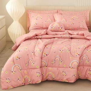 Full Size Comforter Sets for Girls Kids, 8 Pieces Bed in a Bag Pink Rainbow F... - Picture 1 of 7