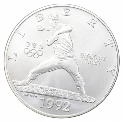 1992-D Unc Olympic Baseball Pitcher Commemorative Silver Dollar $1 - Image 1 of 3