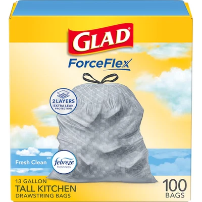 Glad ForceFlex 13-Gallon Trash Bags 100-Count Febreze Fresh Clean Scent Kitchen - Image 1 of 4