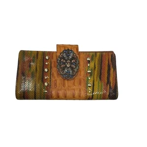 Cartera triple de cuero con estampado de cuentas y joyas Sharif vintage marrón artístico multi - Imagen 1 de 12