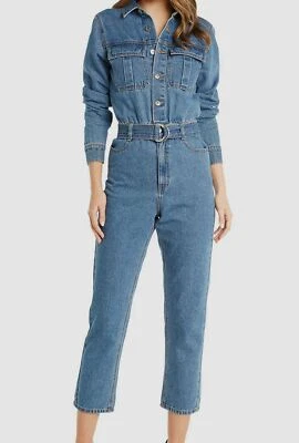 Mono vaquero de manga larga con cuello azul Bardot para mujer talla US 28 *SIN CINTURÓN* $129 Foto 1 de 4