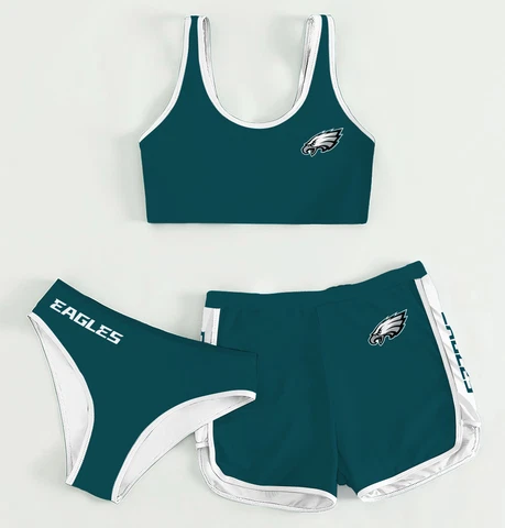 Philadelphia Eagles Women's Athletic Bikini 3PCS Crop Top With Shorts Swimwear Cover