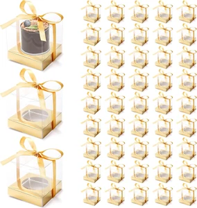 48 PCS Clear Plastic Cupcake Boxes 3.5" Individual Holder Ribbons Inserts Single - Picture 1 of 1