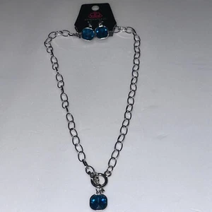 Paparazzi Necklace with  Earrings Blue Dynamite Dazzle On Silvertone Bling - Picture 1 of 7