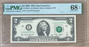 $2 US 2009 BINARY QUAD DOUBLE NOTE Fancy Serial Number 11117777 - PMG 68 EPQ - Picture 1 of 2
