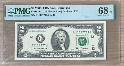 $2 US 2009 BINARY QUAD DOUBLE NOTE Fancy Serial Number 11117777 - PMG 68 EPQ - Image 1 of 2