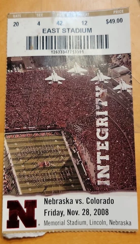 NOV 28, 2008 College Football Ticket Stub CU Nebraska MEMORIAL STADIUM LINCOLN Cover