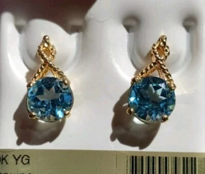 Blue Topaz Labcreated Round Cut Stud Earrings 10kt Solid Yellow Gold - Picture 1 of 22