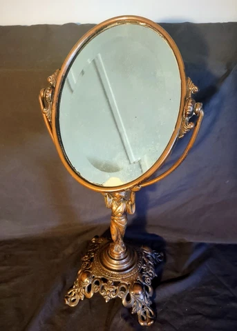 Antique Art Nouveau Victorian Oval Vanity Mirror Cast Iron Women Figural Cover