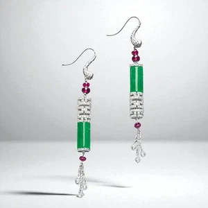 Jadeite Pipe with Ruby & 2.10 ct Lab Diamonds Dangle Earrings Red Carpet Jewelry - Picture 1 of 6