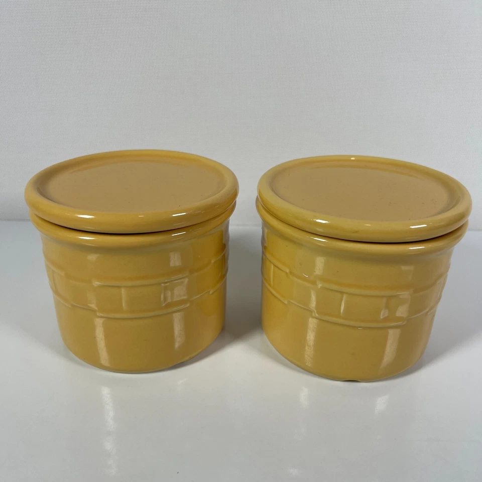 Longaberger Cerámica Vaso Vaso Bote y Tapa Amarillo Mostaza Juego (2) Hecho en EE. UU. Foto 1 de 4