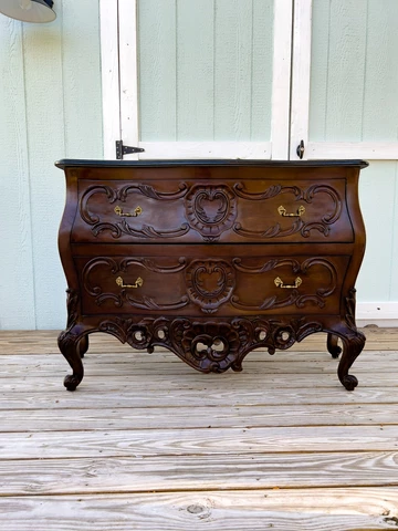 Louis XV Carved Walnut 2 Drawer Bombe Chest with Black Granite Top Brass Pulls Cover
