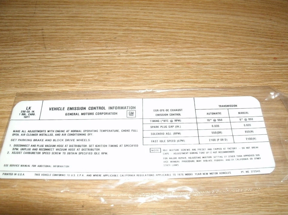 1976 PONTIAC FIREBIRD GRAND AM PRIX LEMANS SAFARI 250 ENGINE EMISSIONS DECAL NEW - Image 1 of 1