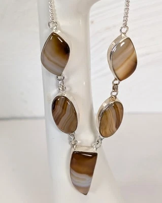 Vintage Sterling Silver Banded Picture Agate Necklace Natural Gemstones 18in — 第 1/4 张图片