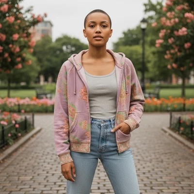 Sudadera con Capucha Juicy Couture Rosa Estampado Floral Cremallera Para Mujer Mediana Paisley Foto 1 de 4