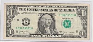 5 of a kind Threes Fancy Serial Number $1 One Dollar Note Circulated 35433331 B - Picture 1 of 2