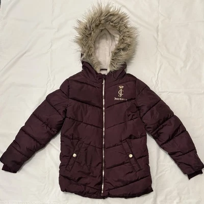 Juicy Couture Puffer Coat Faux Fur Hood Maroon Girls Small 7/8 Pockets - Image 1 of 4