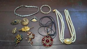 Assorted Vintage Costume Jewelry Lot Of 11 Items Necklaces & Brooches - Picture 1 of 3