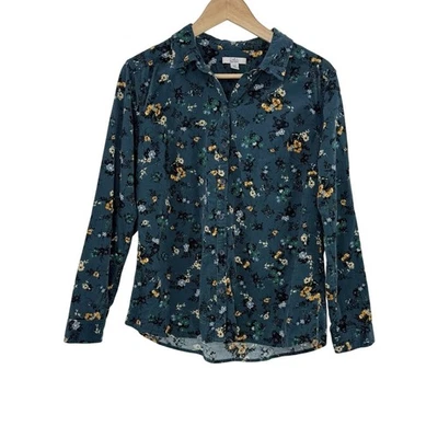 Croft & Barrow Floral Dark Teal Corduroy Button Up Tunic Shirt Size PM Mature - Image 1 of 4