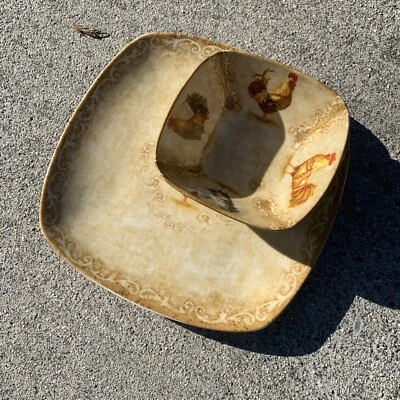 222 Fifth RUSTIC ROOSTER Chip & Dip Porcelain Serving Plate Bowl SET 2 ❤️sj10m3 - Image 1 of 4