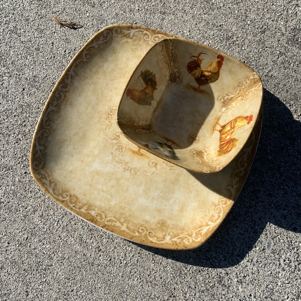 222 Fifth RUSTIC ROOSTER Chip & Dip prato de servir porcelana tigela CONJUNTO 2 ❤️sj10m3 - Imagem 1 de 4