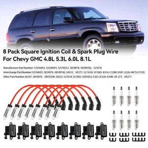 8 Pack Square Ignition Coil & Spark Plug Wire For Chevy GMC 4.8L 5.3L 8.1L 6.0L - Picture 1 of 12