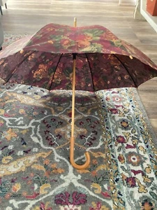 Vintage Ralph Lauren Burgundy Floral Full Size Rain Umbrella Parasol Wood Handle - Picture 1 of 7