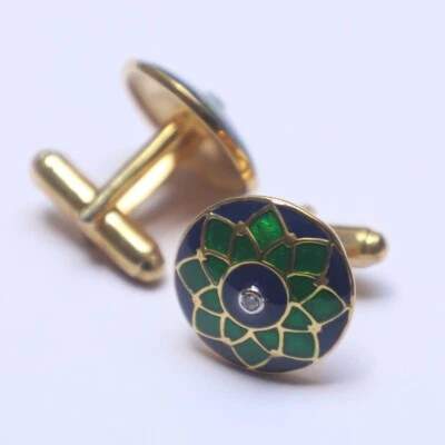 Gemelos de boda enchapados en oro forma redonda esmalte verde azul plata de ley 925 Foto 1 de 4