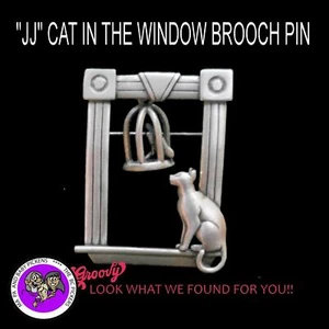 "JJ" Jonette Jewelry Silver Pewter 'Cat Bird Cage Window' Brooch free ship - Picture 1 of 2