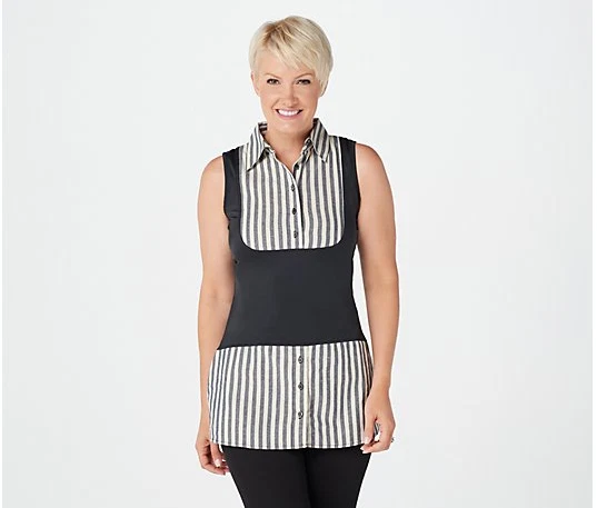 Kathleen Kirkwood Dictra-Ease Chambray Shirttail Top-Black/Stripe-XXS A311148 - Image 1 of 1