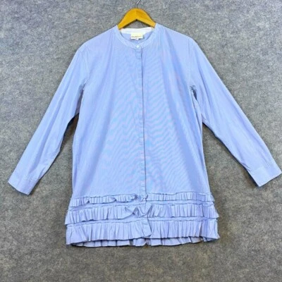 Pure DKNY Tunic Top Size M Blue Pinstripe Ruffle Hem Roll Tab Sleeves Preppy - Image 1 of 4