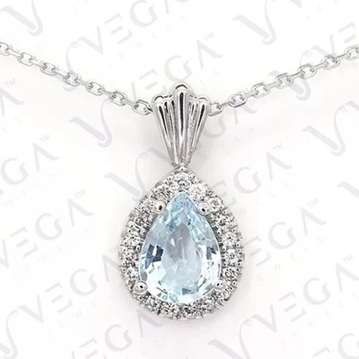 4.50Carat Pear Cut Natural Aquamarine Diamond Halo Pendant 18K White Gold Plated - image 1 of 4
