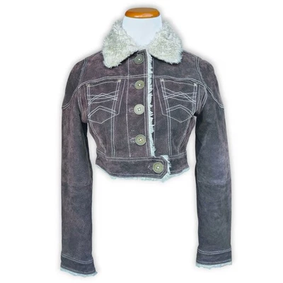 Vintage JouJou Y2K Suede Leather Cropped Faux Fur Penny Lane Jacket Medium - Image 1 of 4