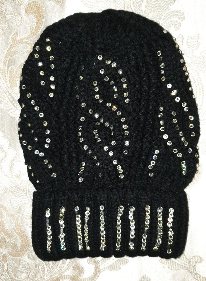 Wintermütze Schwarz mit Strasssteine in Zopfmuster schön Dick u W.arm.Neu. - Bild 1 von 4