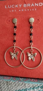 Lucky Brand Dangling Drop Hoop Post Earrings Goldtone Honey Bee Black Stones - Picture 1 of 18