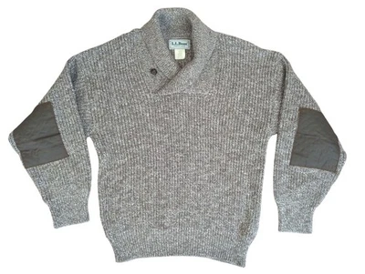 Vintage LL Bean Sweater Large Brown Wool USA Made Shawl Collar Elbow Patch  - Image 1 of 4