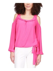 MICHAEL KORS Womens Pink Ruffled Elastic Waist Tie Long Sleeve Round Neck Top XS - Picture 1 of 11