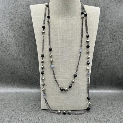 Экспресс длинное многослойное ожерелье женское оружейный металл цепочка граненый бисер станция серый - Изображение 1 из 4