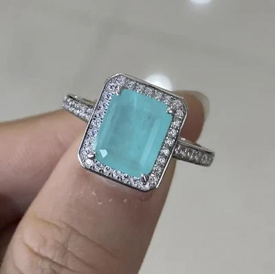 925 Sterling Silberring Synthetischer Paraíba Turmalin Türkise - Smaragd Cut  - Bild 1 von 2