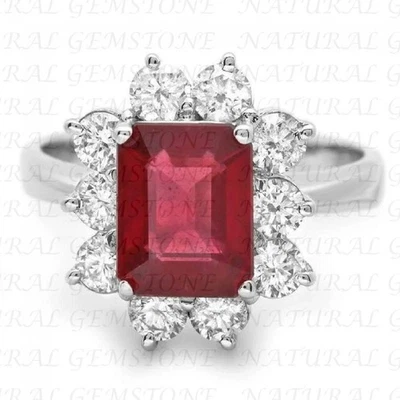 6.00Ct Emerald Cut Natural Ruby & Diamond Engagement Ring 18K White Gold Plated - Image 1 of 4