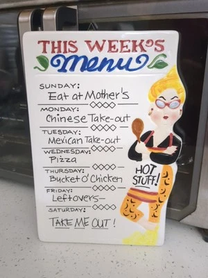 Placa de cerámica vintage de Boston Warehouse de los años 90 "Menú de estas semanas" Foto 1 de 4