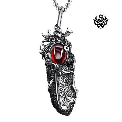 Silver feather pendant wine red cz gemstone solid stainless steel necklace Foto 1 de 2