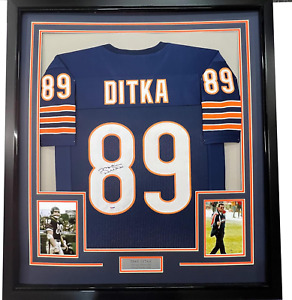 Framed Autographed/Signed Mike Ditka 33X42 Chicago Blue Football Jersey JSA COA